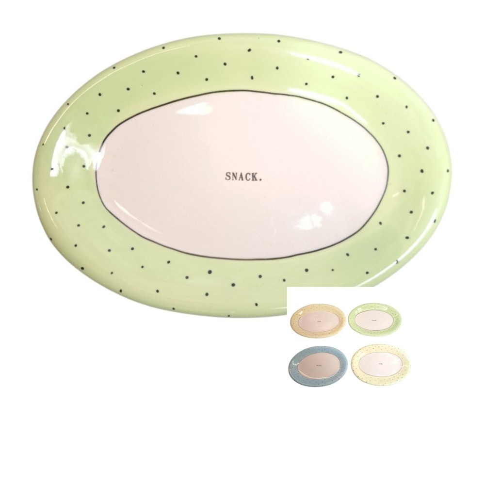 Set of 4 Rae Dunn by Magenta‎ Appetizer Plates Polka Dot Snack Taste Yum Oval